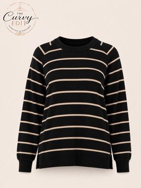 Maurices 3X Black & Beige Striped Oversized Sweatshirt Side Slits Cozy Chic